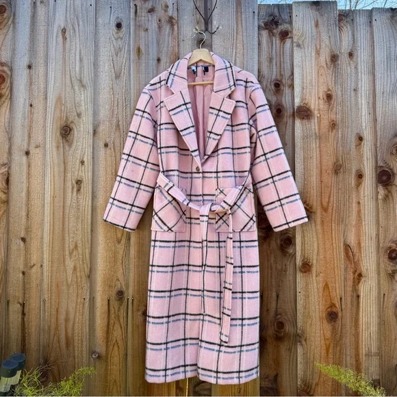 Retro Light Pink and Black Blue Plaid Longline Coat 🌿 - Picture 7 of 10